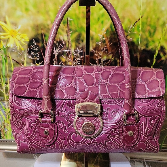 Etro Milano Embossed Leather Satchel Bag • Croc & Paisley Pattern •Made in Italy - Picture 5 of 13